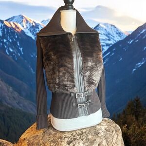 Last Kiss Women Brown Faux Fur Faux Leather Trimmed Knit Zip Up Sweater Jacket L